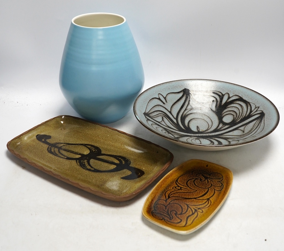 A Poole pottery Aegean ware bowl and dish, a light blue glazed vase and a John Harlow stoneware dish, vase 21cm. Condition - good